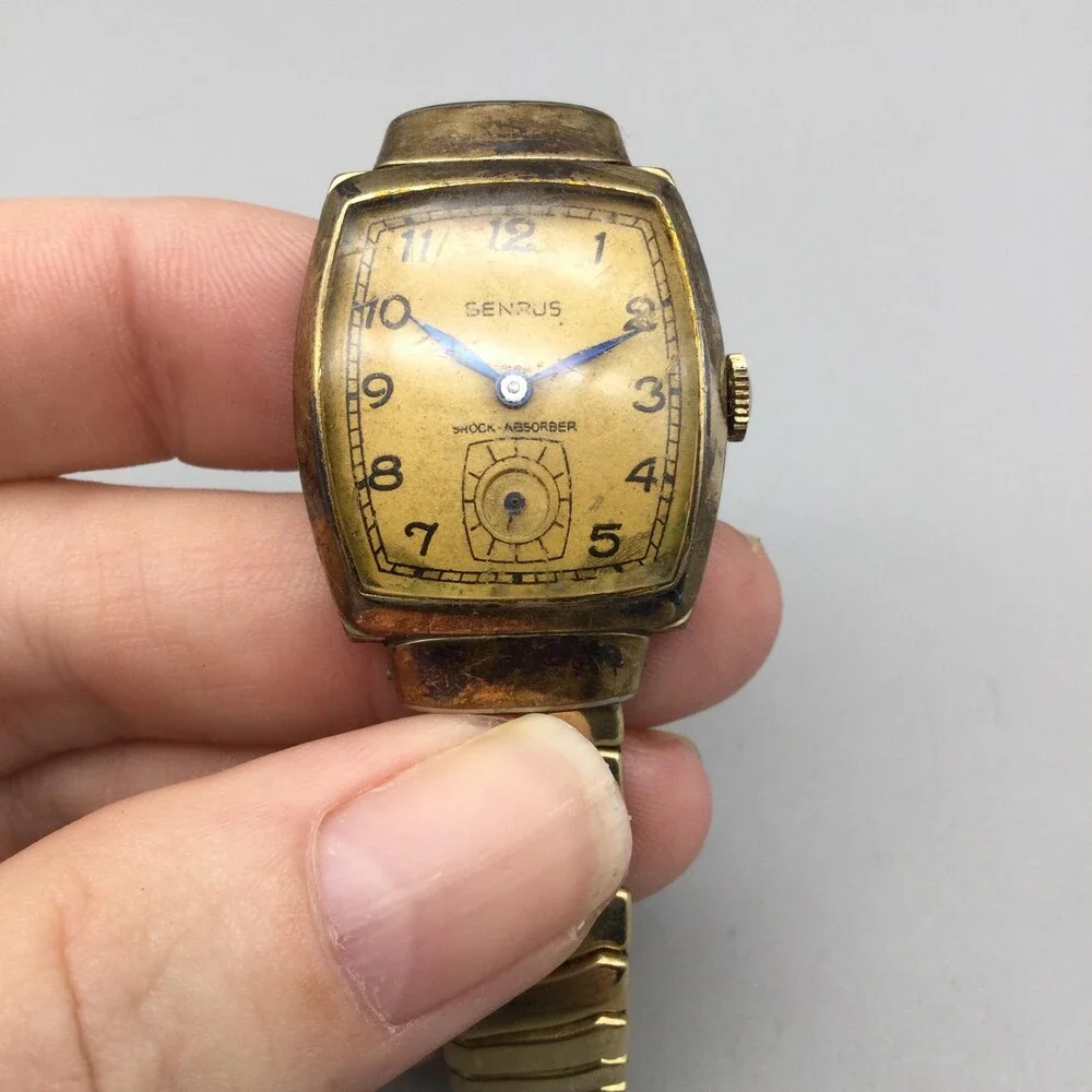 Vintage Benrus Mens Watch 25mm Gold Tonneau Dial Manual Wind Shock Absorber